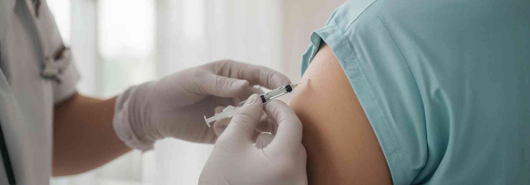 person in blue t-shirt getting vaccine from doctor