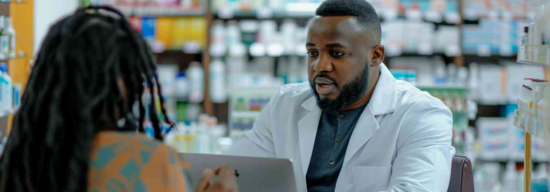 male pharmacist consultation with female patient