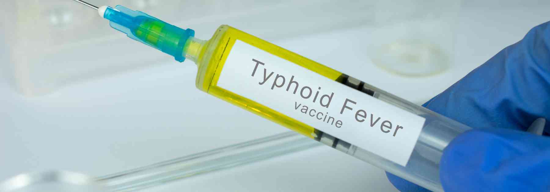 person wearing medical glove holding typhoid fever vaccine
