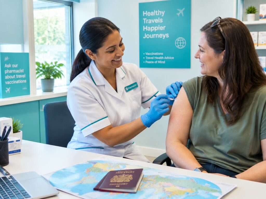 Pharmacist administering a travel vaccine to a patient